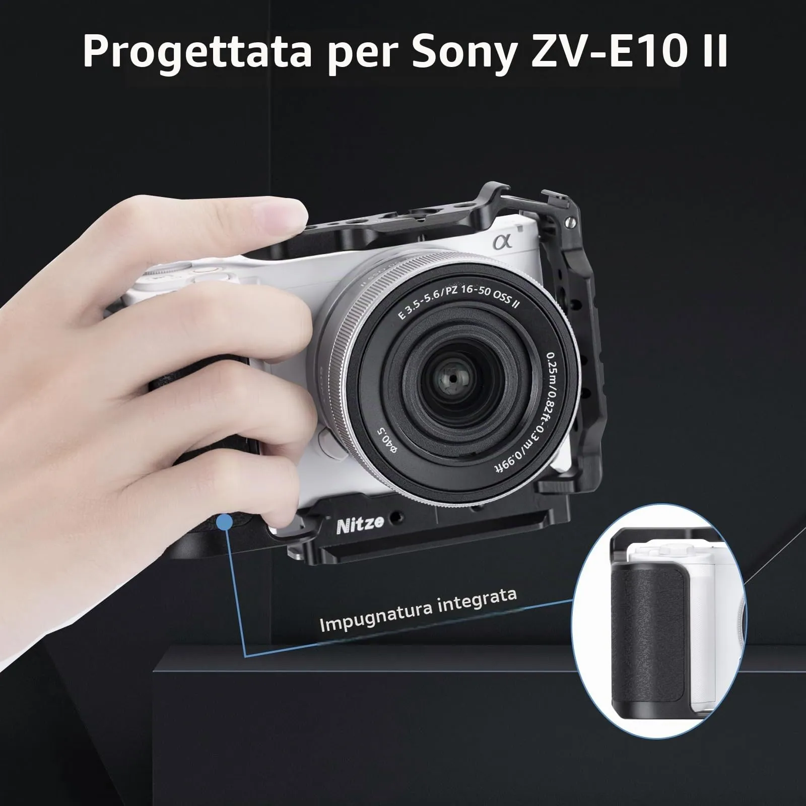 Nitze ZV-E10 II Cage, gabbia per fotocamera Sony ZV-E10 II, con 2 guide NATO integrate, scarpa Cold Shoe, impugnatura ergonomica, piastra a sgancio rapido per Arca-Swiss T-S14A - immagine 2