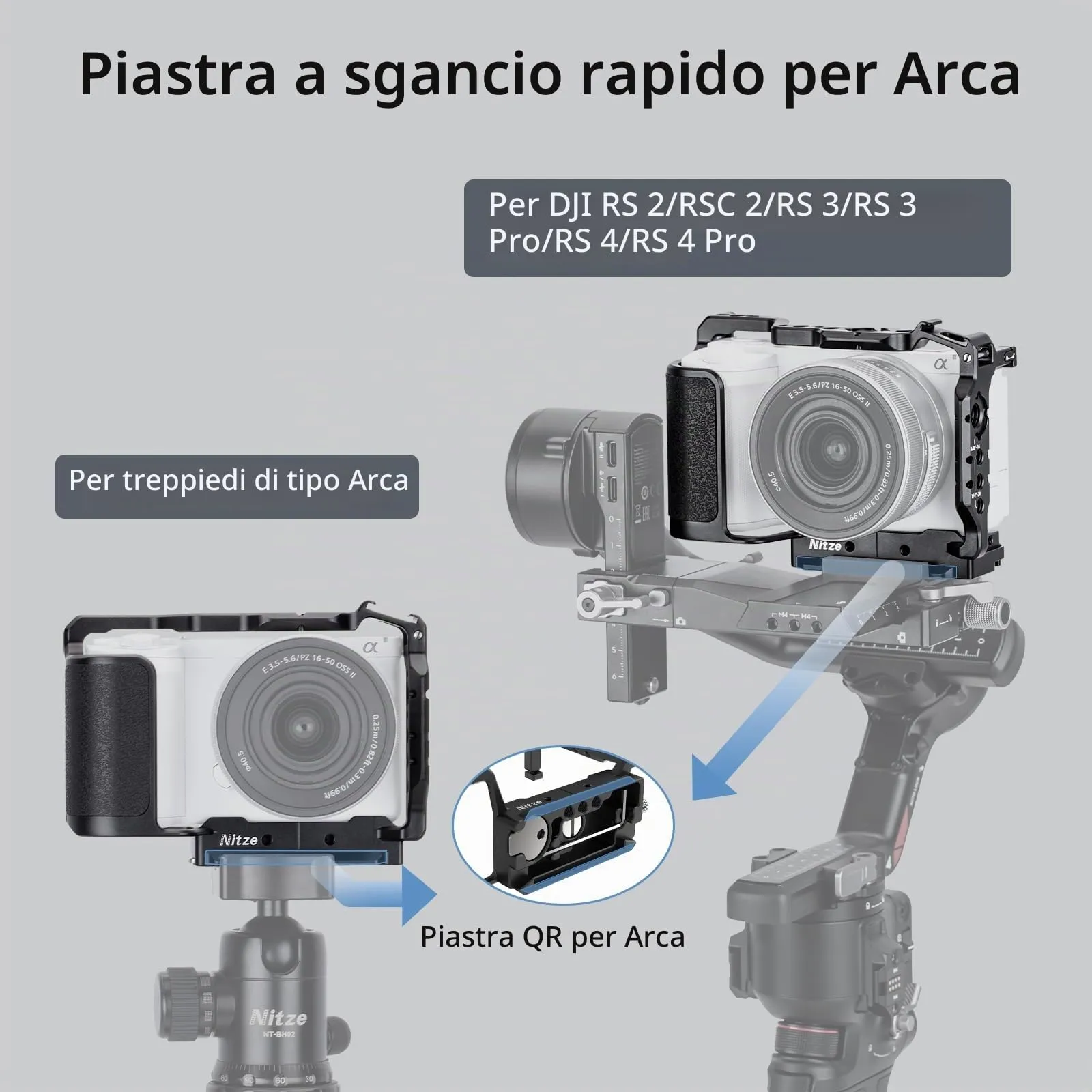 Nitze ZV-E10 II Cage, gabbia per fotocamera Sony ZV-E10 II, con 2 guide NATO integrate, scarpa Cold Shoe, impugnatura ergonomica, piastra a sgancio rapido per Arca-Swiss T-S14A - immagine 4