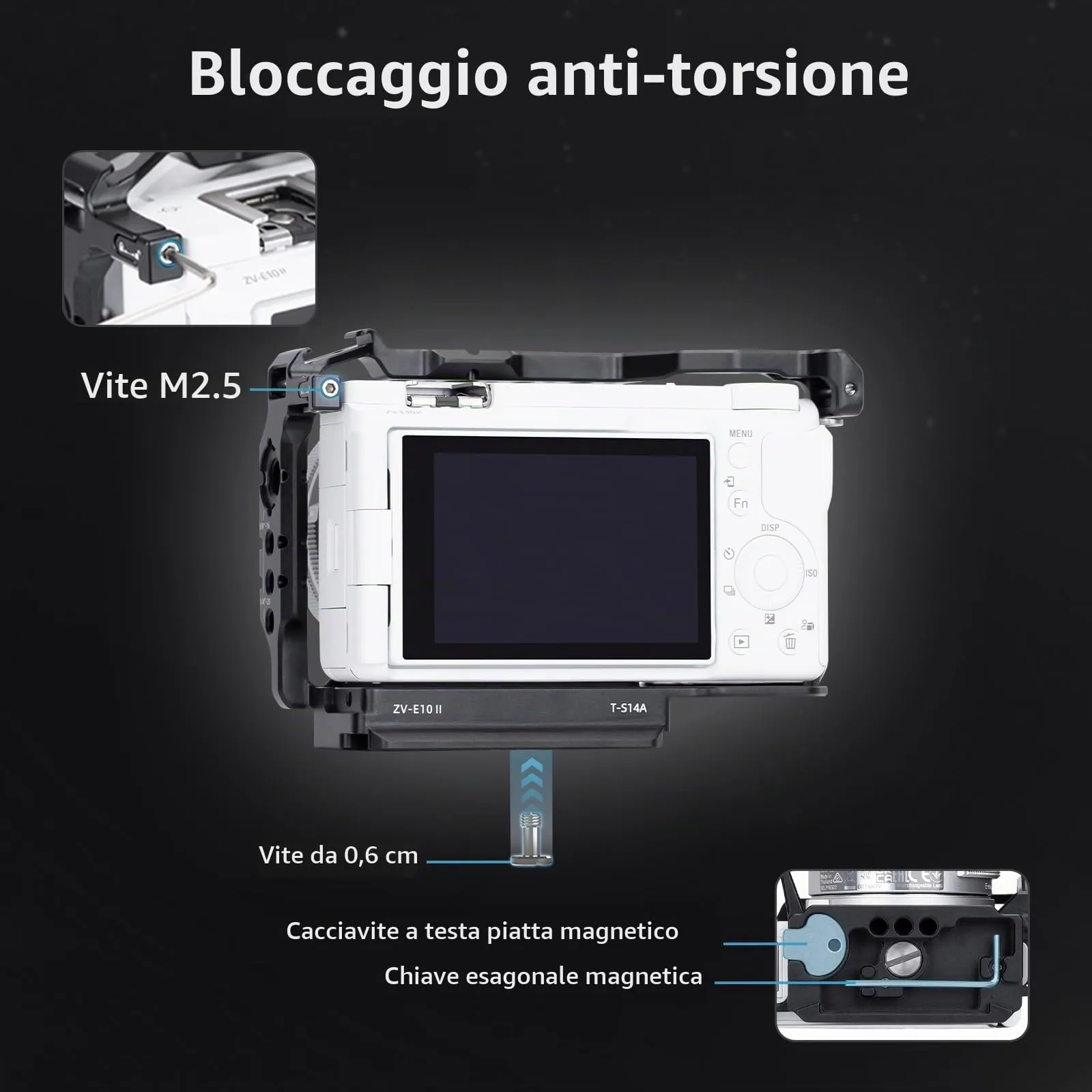Nitze ZV-E10 II Cage, gabbia per fotocamera Sony ZV-E10 II, con 2 guide NATO integrate, scarpa Cold Shoe, impugnatura ergonomica, piastra a sgancio rapido per Arca-Swiss T-S14A - immagine 5