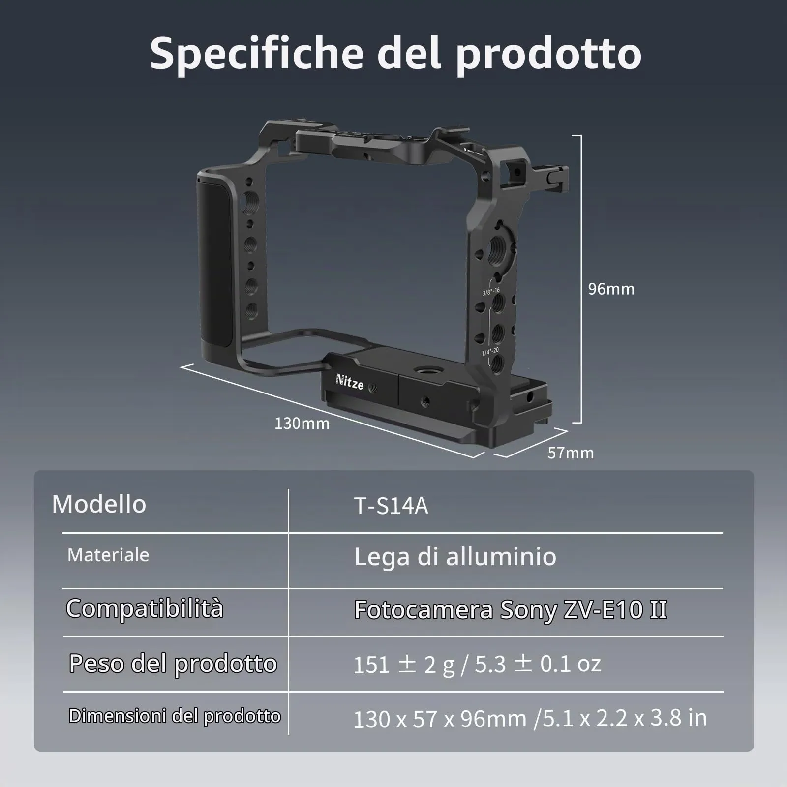 Nitze ZV-E10 II Cage, gabbia per fotocamera Sony ZV-E10 II, con 2 guide NATO integrate, scarpa Cold Shoe, impugnatura ergonomica, piastra a sgancio rapido per Arca-Swiss T-S14A - immagine 6