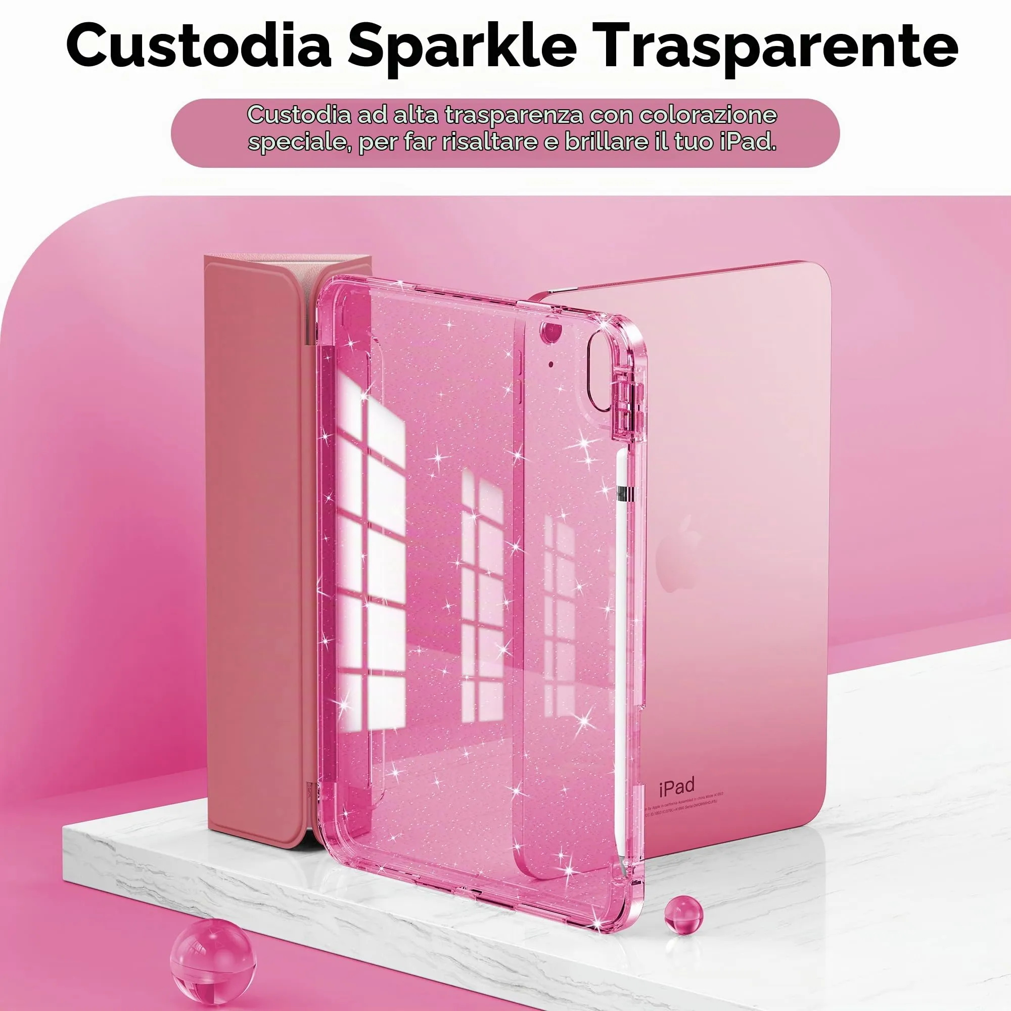 INFILAND Custodia per iPad 11 Generazione A16 11 Pollici 2025/iPad 10 Generazione 10,9 Pollici 2022,Glitterata con Retro Trasparente Brillante, Portapenne, per Bambini e Ragazze (Flutter rosa) - immagine 3