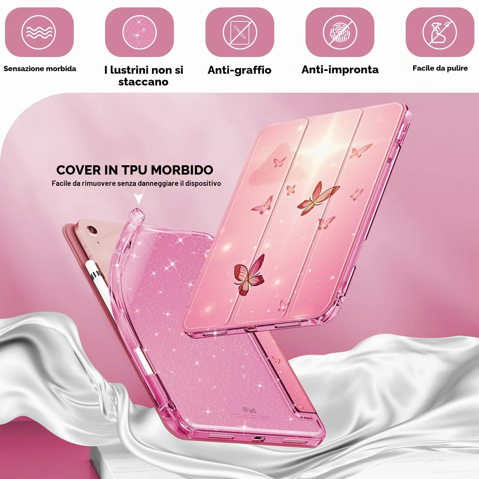 INFILAND Custodia per iPad 11 Generazione A16 11 Pollici 2025/iPad 10 Generazione 10,9 Pollici 2022,Glitterata con Retro Trasparente Brillante, Portapenne, per Bambini e Ragazze (Flutter rosa) - immagine 4