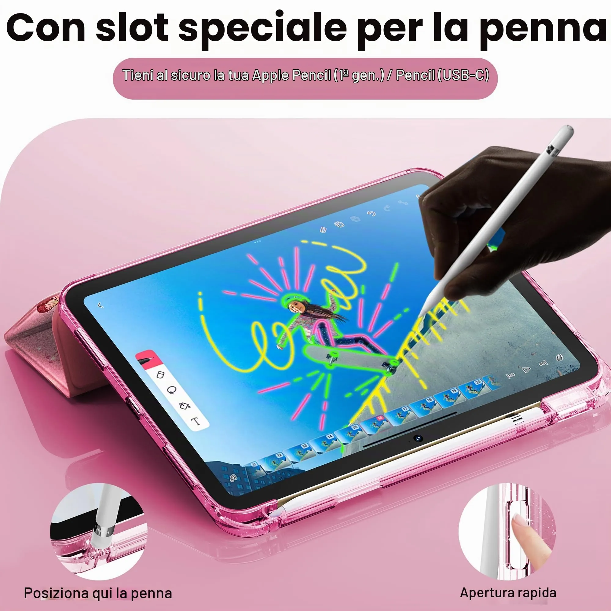 INFILAND Custodia per iPad 11 Generazione A16 11 Pollici 2025/iPad 10 Generazione 10,9 Pollici 2022,Glitterata con Retro Trasparente Brillante, Portapenne, per Bambini e Ragazze (Flutter rosa) - immagine 5