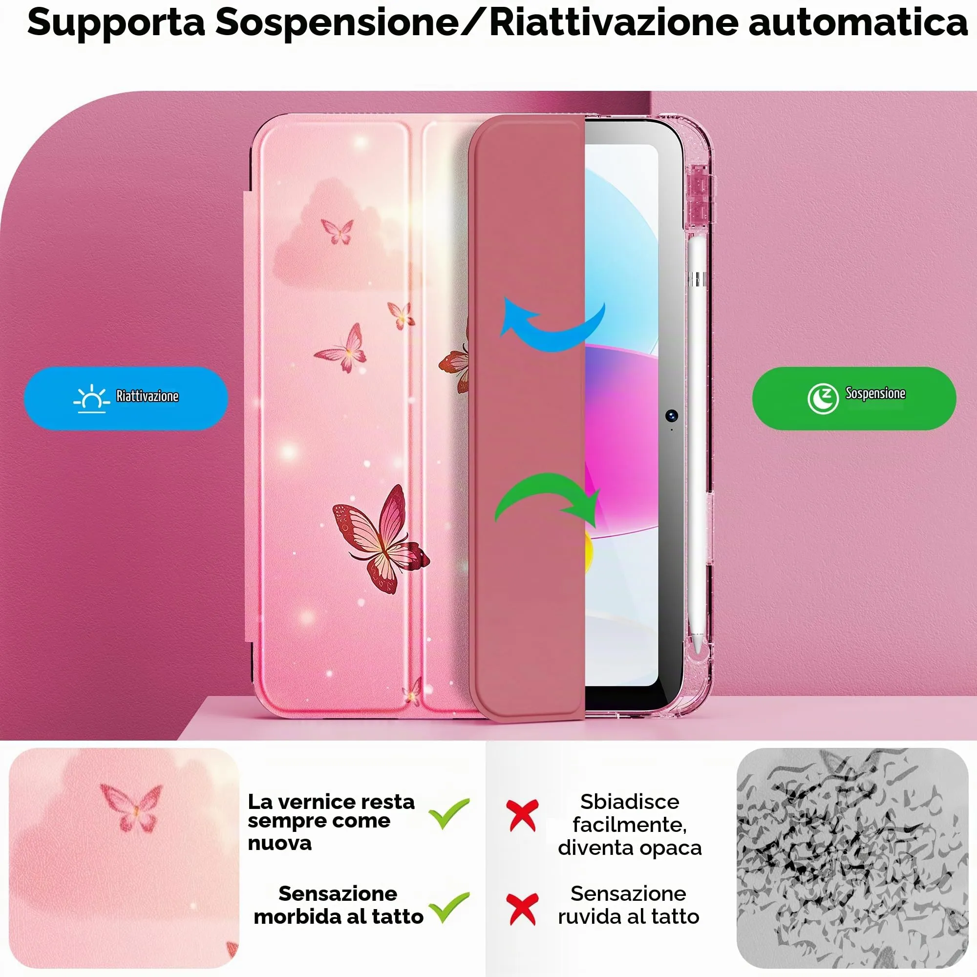 INFILAND Custodia per iPad 11 Generazione A16 11 Pollici 2025/iPad 10 Generazione 10,9 Pollici 2022,Glitterata con Retro Trasparente Brillante, Portapenne, per Bambini e Ragazze (Flutter rosa) - immagine 6