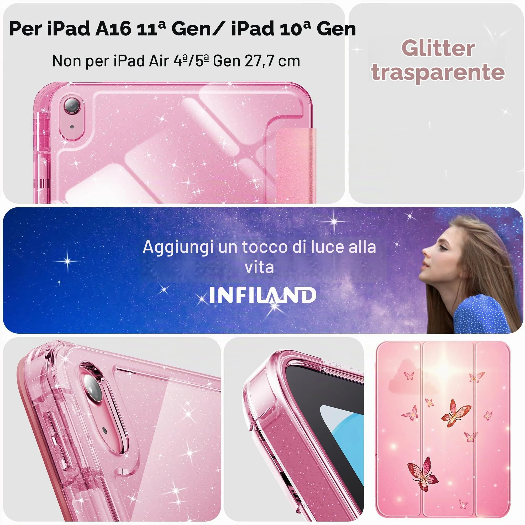 INFILAND Custodia per iPad 11 Generazione A16 11 Pollici 2025/iPad 10 Generazione 10,9 Pollici 2022,Glitterata con Retro Trasparente Brillante, Portapenne, per Bambini e Ragazze (Flutter rosa) - immagine 7