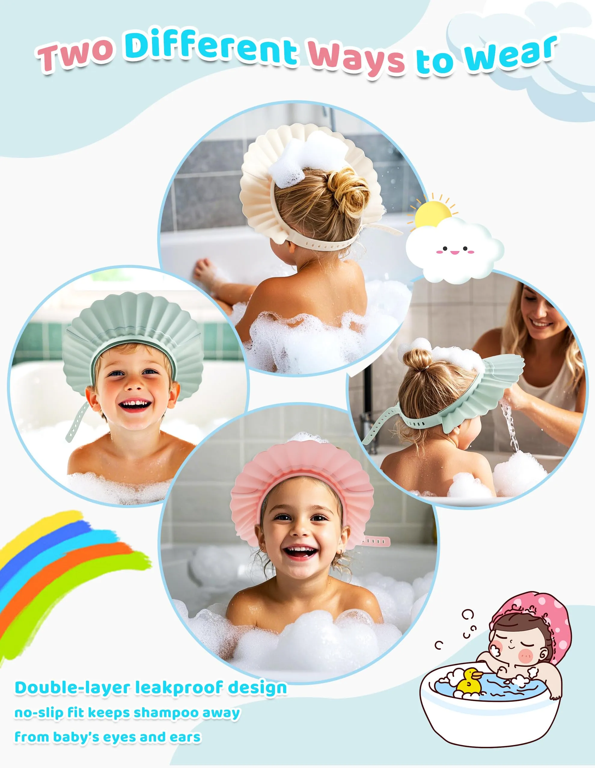 FUSACONY Cappello Doccia Bambini Silicone Morbido - Visiera Regolabile con 22 Livelli, Anti-Schizzi per Shampoo, Adatto da 6 Mesi ad Adulti, Protegge Occhi e Orecchie dall'Acqua (Rosa) - immagine 2