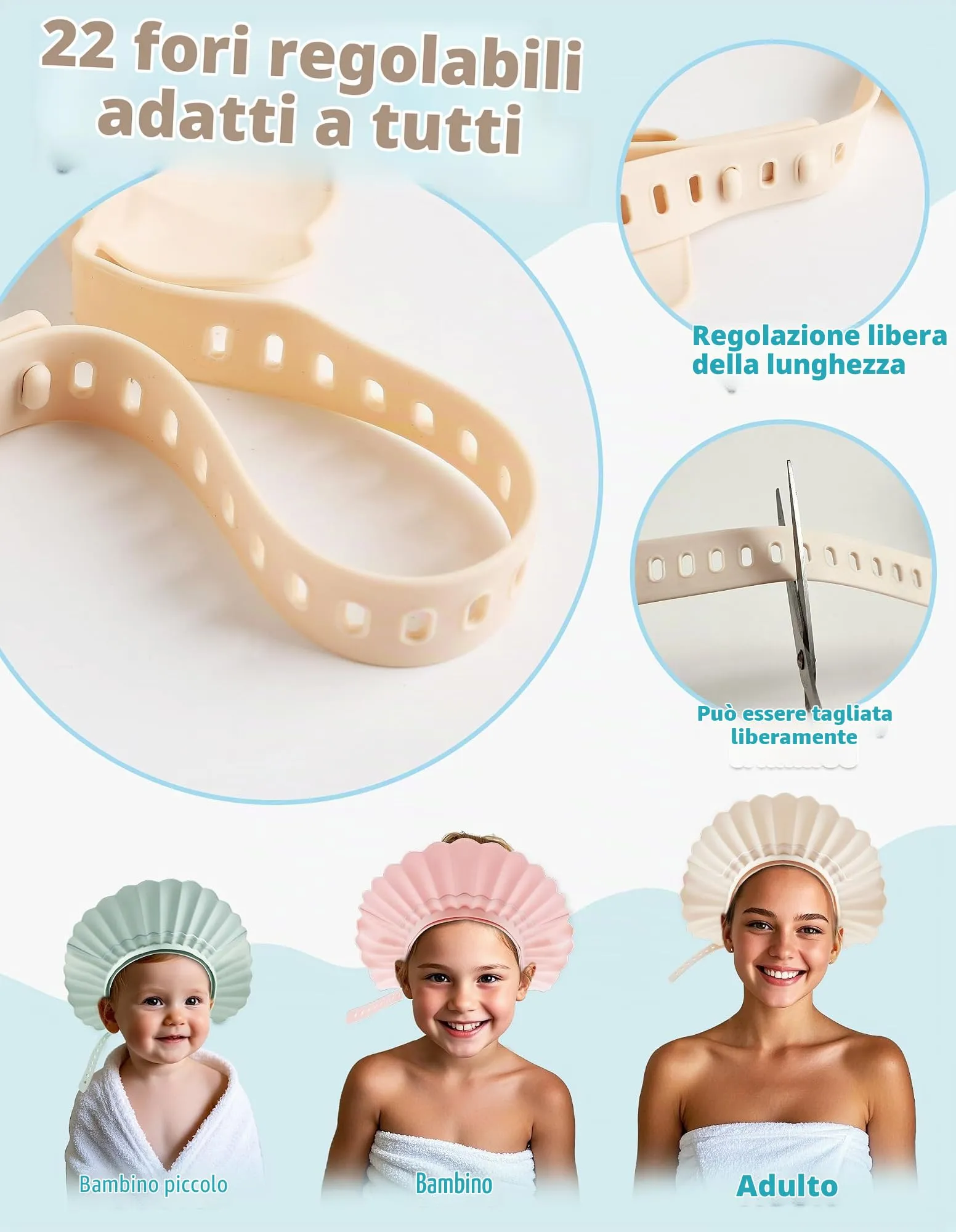 FUSACONY Cappello Doccia Bambini Silicone Morbido - Visiera Regolabile con 22 Livelli, Anti-Schizzi per Shampoo, Adatto da 6 Mesi ad Adulti, Protegge Occhi e Orecchie dall'Acqua (Blu) - immagine 3