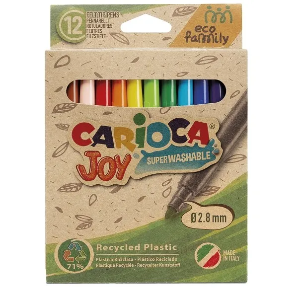 Carioca Joy Eco Family Confezione da 12 pennarelli Punta Fine 28 mm Bloccati - Inchiostro Super Lavabile - Tappo Ventilato - Colori Assortiti - immagine 1