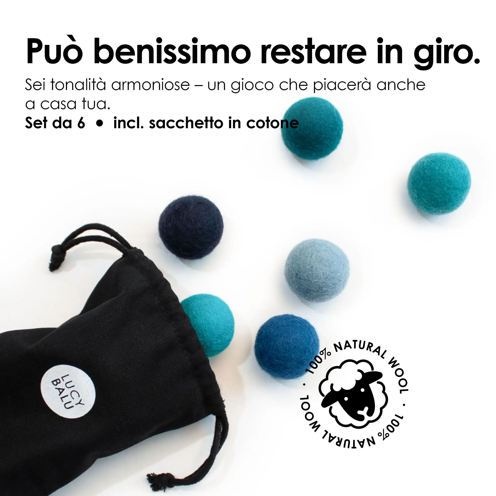 LucyBalu® Ocean Vibes Set 6 palline in feltro di lana per gatti I Blu - immagine 6