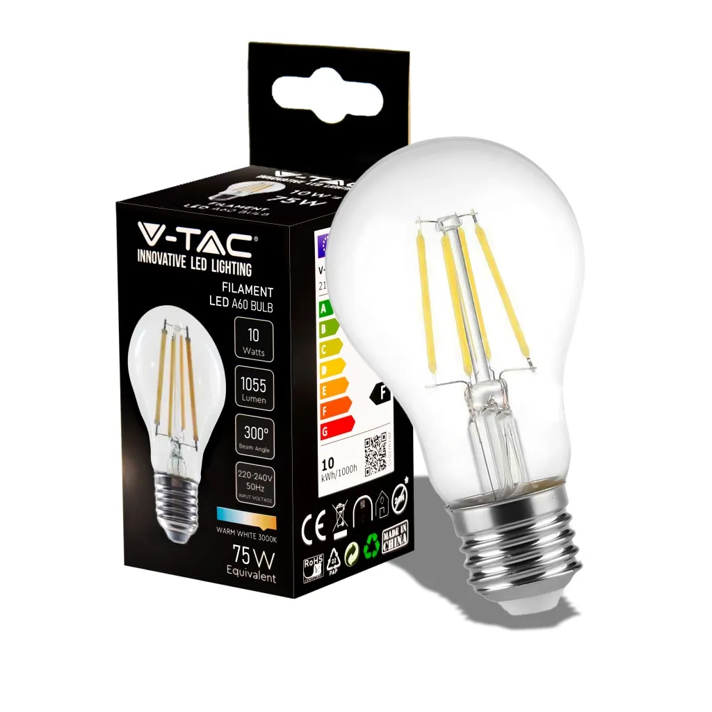 V-TAC Lampadina LED E27 10W A60 Filamento 3000K - immagine 1