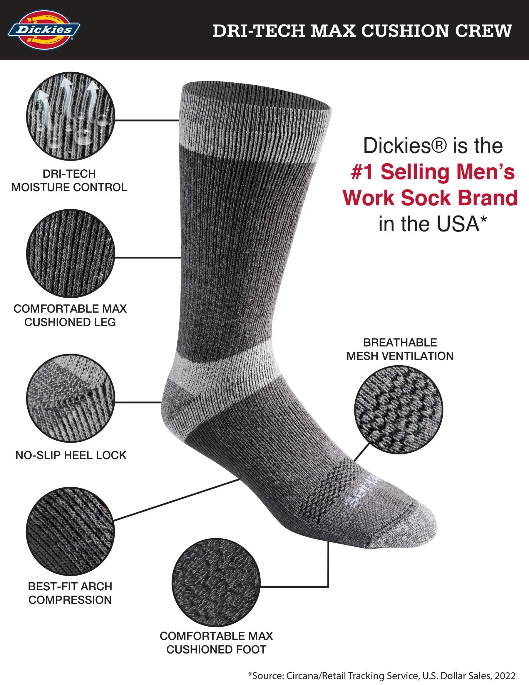 Dickies Dri-tech Moisture Control Crew Calzini Multipack, 3.0 Full Cushion Charcoal (6 paia), Taglia scarpe: 3.0-12, 3.0 Cuscino completo di carbone (6 paia), Large, 3.0 Cuscino completo di carbone (6 - immagine 3