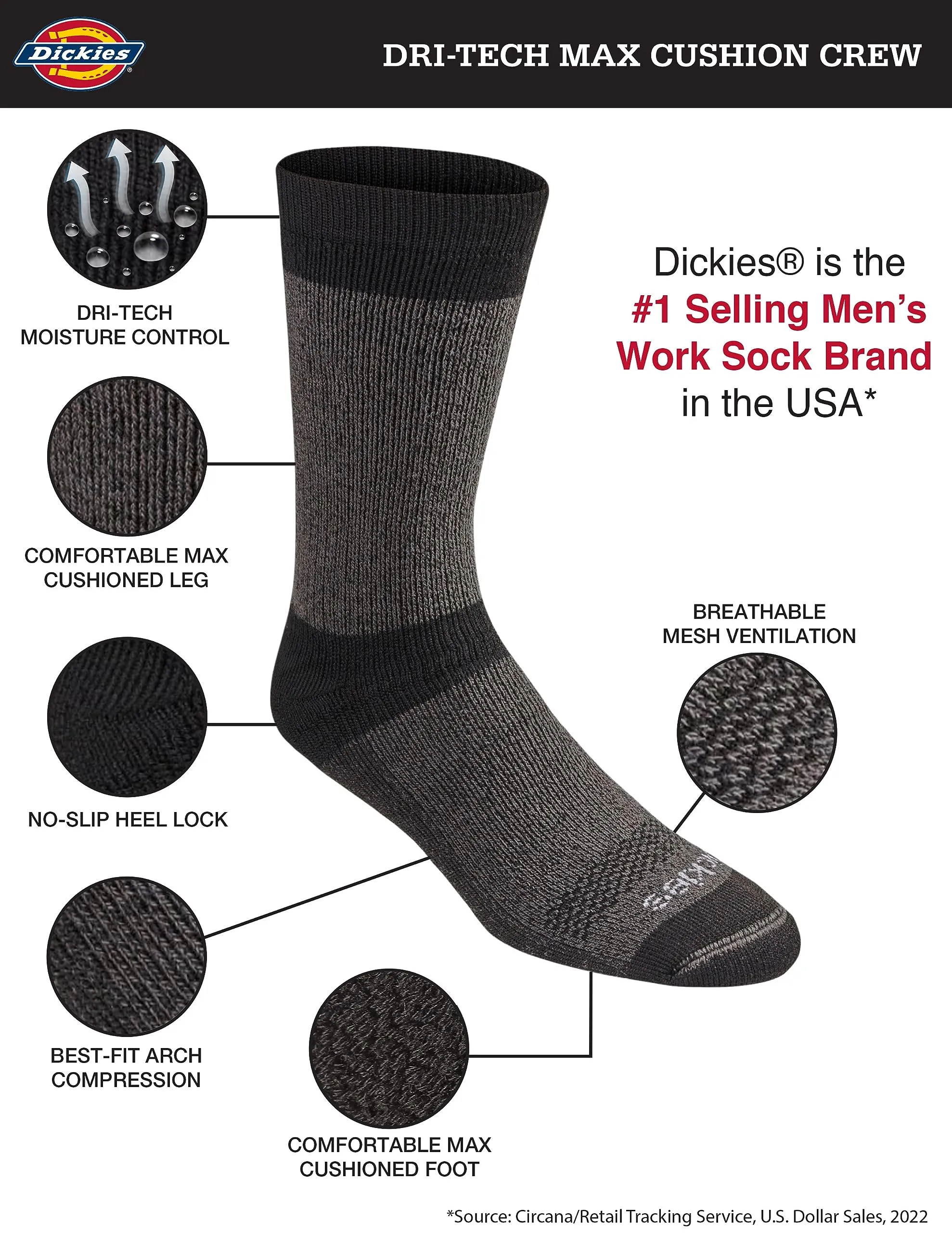 Dickies Dri-Tech Moisture Control Max Full Cushion Crew Socks, Available in M-XL (6, 12 Pairs) Calzini Casual, Black Marl (6 Paia), Large (Pacco da 6) Uomo - immagine 3