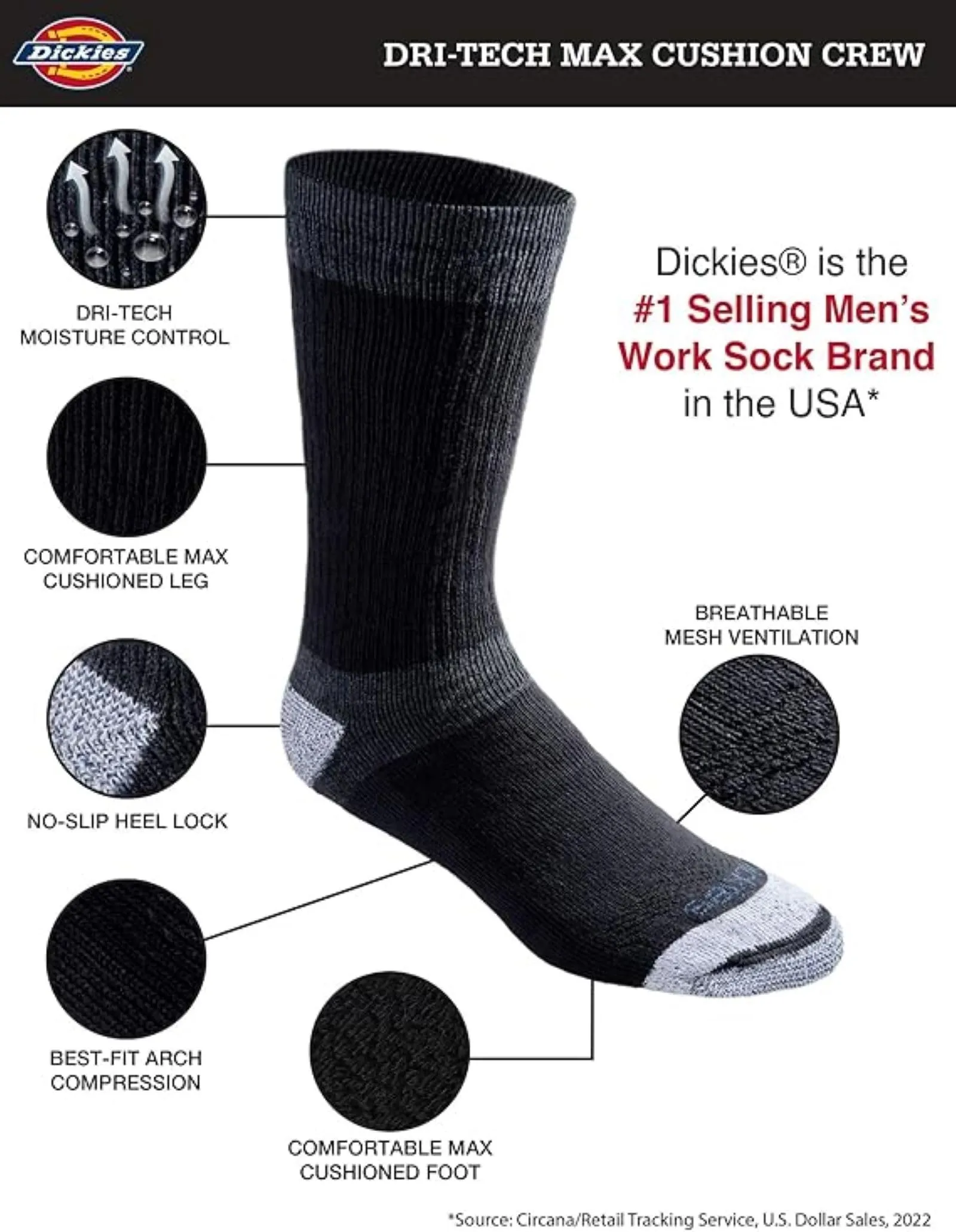 Dickies Dri-tech Moisture Control Max Full Cushion Crew Calzini da uomo, disponibili in M-XL (6, 12 paia), Nero (12 paia), X-Large - immagine 4