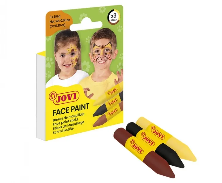 Confezione da 3 stick per il trucco viso Jovi con effetto animale - Adatti a tutti i tipi di pelle - Si rimuovono facilmente - Colori: Giallo Marrone e Nero - immagine 1
