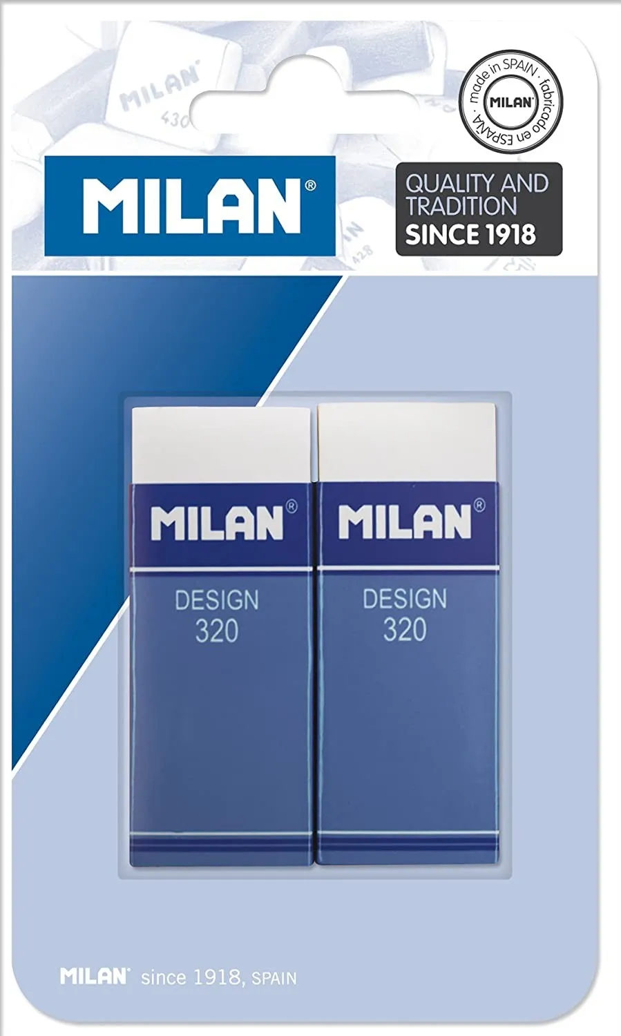 Milan Nata 320 Confezione da 2 Gomme Rettangolari - Plastica - Striscia di Cartone Blu - Tutti i Tipi di Superfici - Colore Bianco - immagine 1