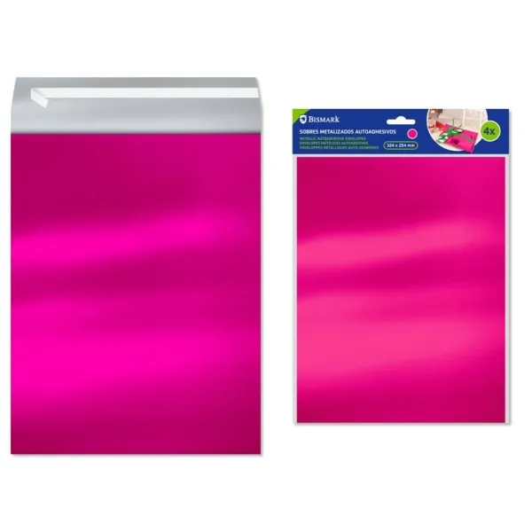 Confezione da 4 buste metallizzate Bismark - Dimensioni 324x254 mm - Chiusura autoadesiva - Ideali per regali - Rosa metallizzato - immagine 1