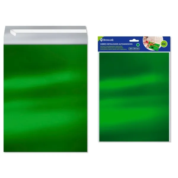 Confezione da 4 buste metallizzate Bismark - Dimensioni: 324x254 mm - Chiusura autoadesiva - Ideali per regali - Verde metallizzato - immagine 1
