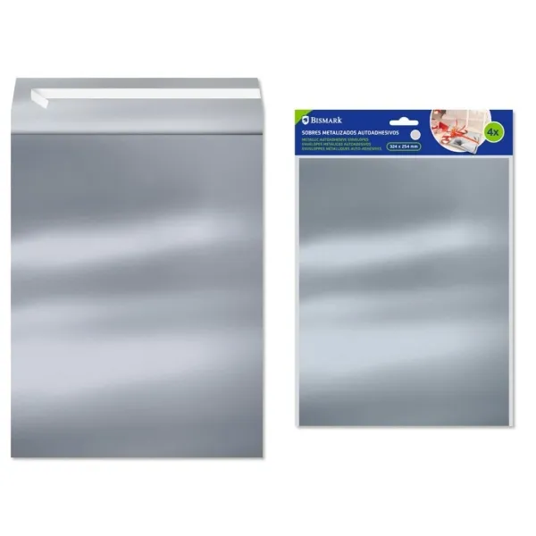 Confezione da 4 buste metalliche Bismark - Dimensioni: 324x254 mm - Chiusura autoadesiva - Ideali per regali - Colore argento - immagine 1