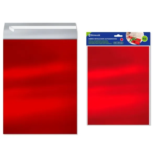 Confezione da 4 buste metallizzate Bismark - Dimensioni: 324x254 mm - Chiusura autoadesiva - Ideali per regali - Rosso metallizzato - immagine 1