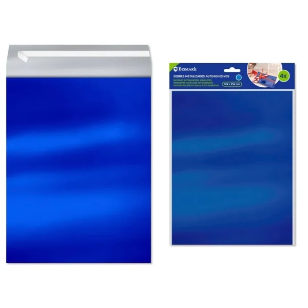 Confezione da 4 buste metallizzate Bismark - Dimensioni: 324x254 mm - Chiusura autoadesiva - Ideali per regali - Blu metallizzato - immagine 1
