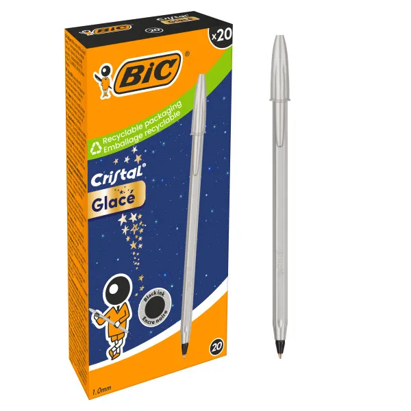 Penna a sfera Bic Cristal Glace - Corpo argento opaco - Punta tonda da 1 mm - Tratto da 04 mm - Inchiostro a base di olio - Colore inchiostro nero - immagine 1