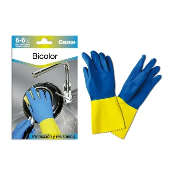 Guanti in lattice Cegasa taglia P 6-6 1/2 - Floccati - Uso generale domestico pulizia industria chimica - Spessore del palmo 06 mm - Blu/Giallo - immagine 1