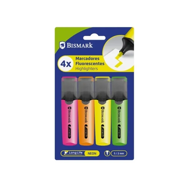 Confezione da 4 pennarelli fluorescenti Bismark - Punta a scalpello da 2 a 5 mm circa - Inchiostro a base d'acqua - Lunga durata - Colori neon assortiti - immagine 1