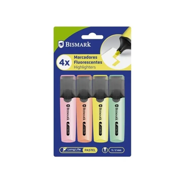 Confezione da 4 pennarelli fluorescenti Bismark - Punta a scalpello da 2-5 mm circa - Inchiostro a base d'acqua - Lunga durata - Colori pastello assortiti - immagine 1