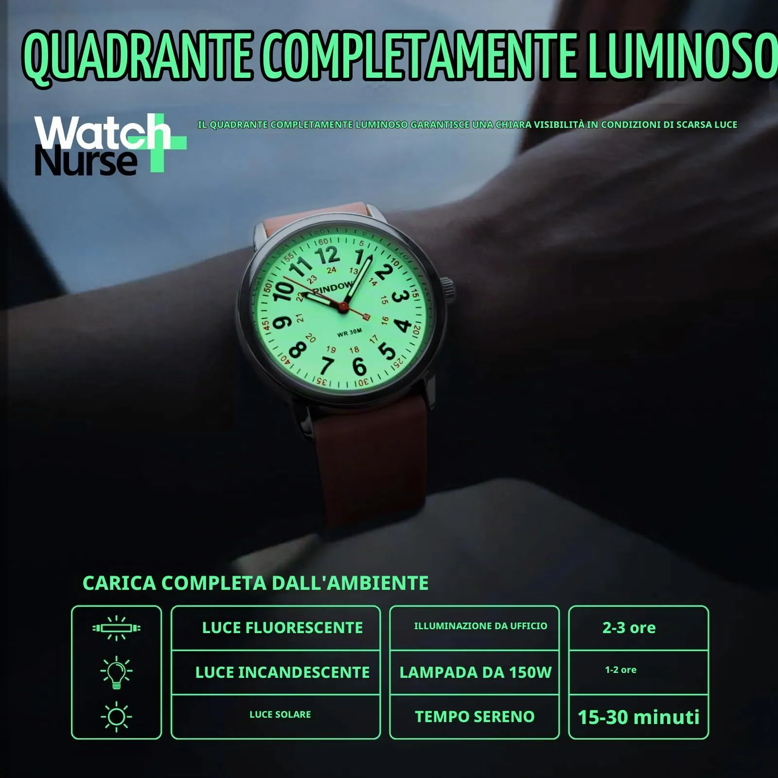 PINDOWS Orologio da Infermiere, per Professionisti Medici, Studenti, Donne e Uomini, Impermeabile 30M, Quadrante Luminoso con Lancetta dei Secondi - immagine 4