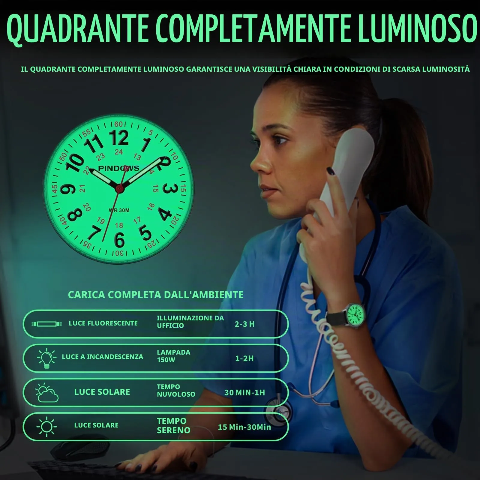 PINDOWS Orologio da Infermiere, per Professionisti Medici, Studenti, Donne e Uomini, Impermeabile 30M, Quadrante Luminoso con Lancetta dei Secondi - immagine 4
