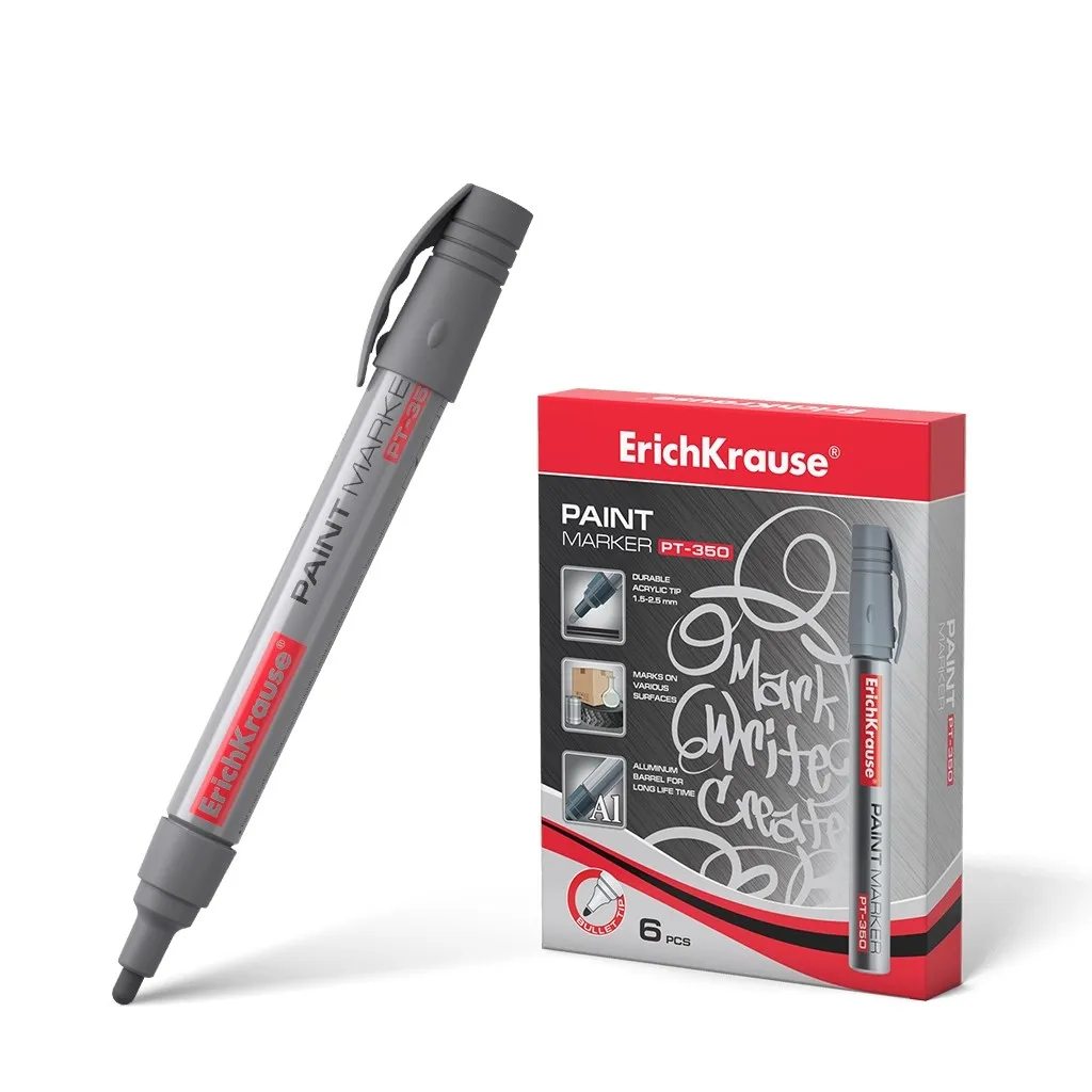 Pennarello a vernice ErichKrause Pt-350 - Sistema di erogazione dell'inchiostro a valvola - Robusto corpo in alluminio - Punta a proiettile - Resistente all'acqua e ai raggi UV - Colore argento - immagine 1