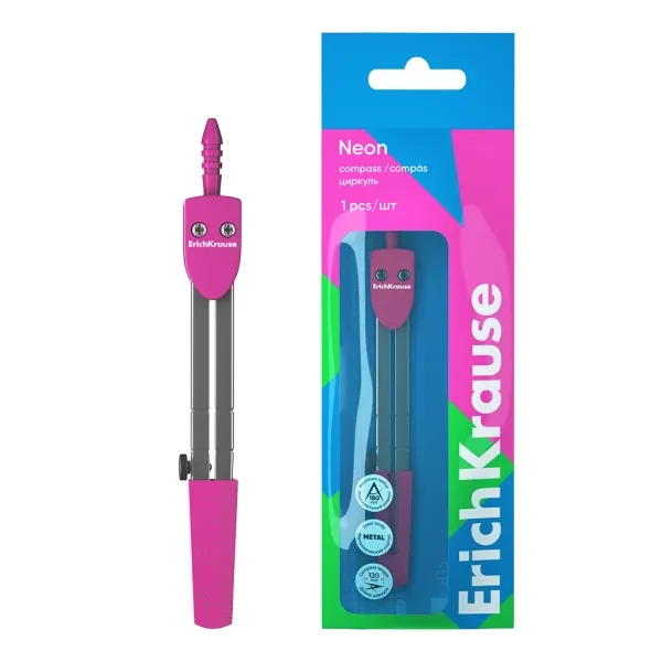 Compasso scolastico ErichKrause Neon - Corpo in metallo - Lunghezza 120 mm - Raggio massimo 180 mm - Sacchetto in polietilene - Rosa - immagine 1
