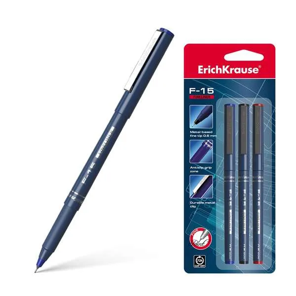 Erichkrause F-15 Confezione da 3 pennarelli a punta fine - tratto 06 mm - clip in metallo - nero blu e rosso - immagine 1