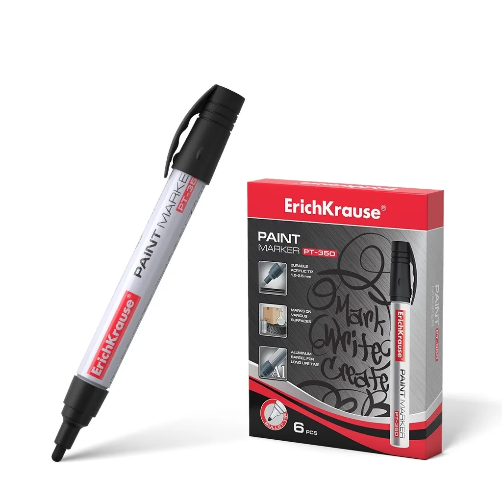 Pennarello a vernice Erichkrause Pt-350 - Sistema di erogazione dell'inchiostro a valvola - Robusto corpo in alluminio - Punta a proiettile - Resistente all'acqua e ai raggi UV - Colore nero - immagine 1
