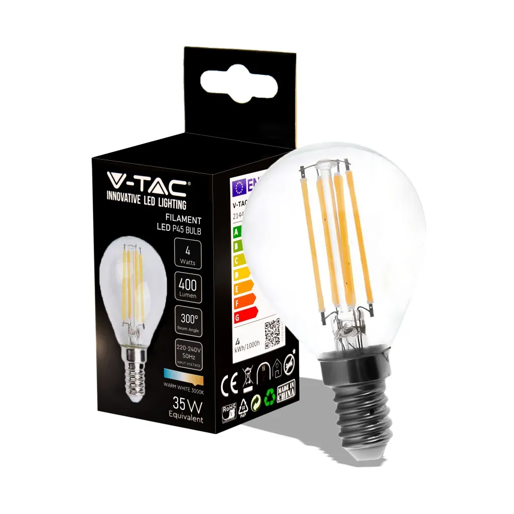 V-TAC Lampadina LED E14 4W P45 Filamento 3000K - immagine 1