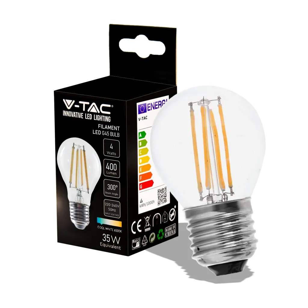 V-TAC Lampadina LED E27 4W G45 Filamento 6500K - immagine 1