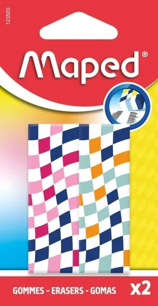 Confezione da 2 gomme Maped con 3 disegni a scacchiera - Forma rettangolare - Senza ftalati - Colori assortiti - immagine 1