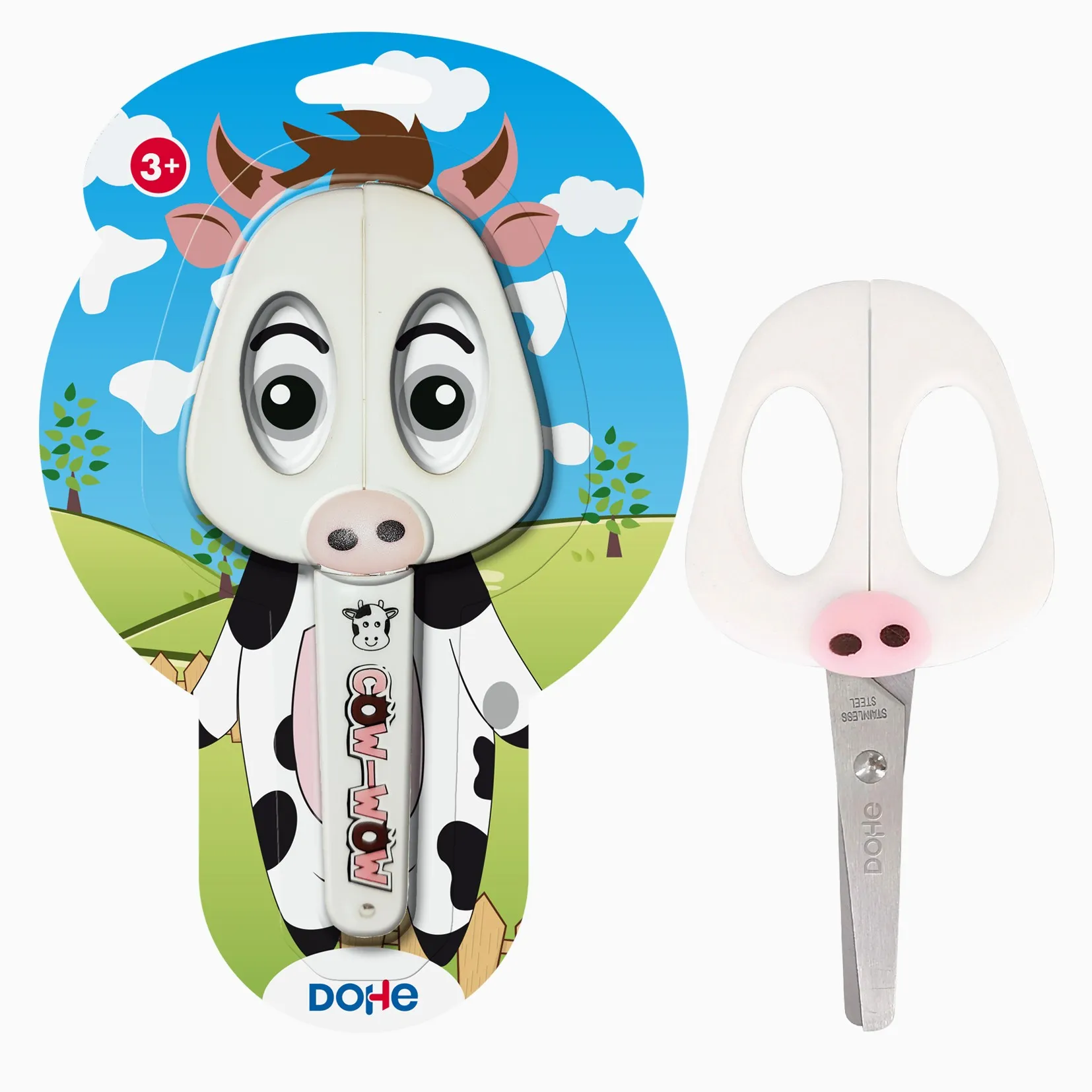 Forbici per la scuola per bambini Dohe - Acciaio inossidabile - Punte arrotondate - Coprilama - Design mucca - immagine 1