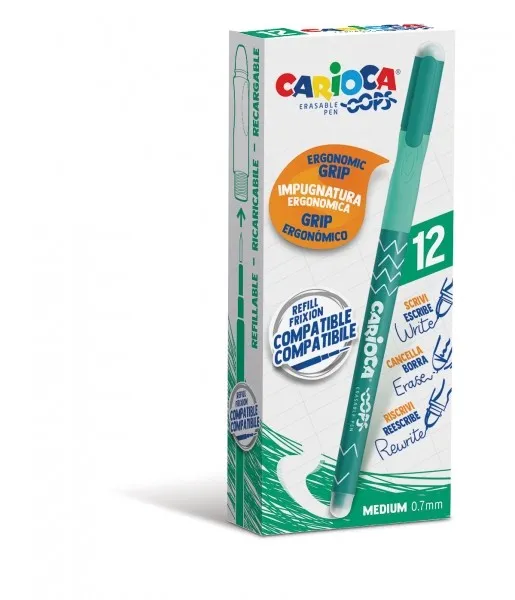 Penna Cancellabile Carioca Oops - Termosensibile - Impugnatura Ergonomica Triangolare - Punta Ø 07mm - Doppia Gomma - Ricariche Compatibili - Colore Verde 1 pezzo - immagine 1