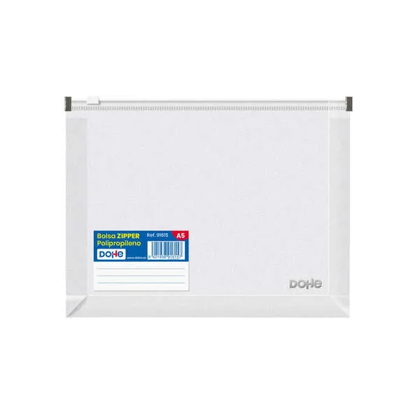 Sacchetto con cerniera orizzontale in polipropilene trasparente Dohe - 180 micron - Chiusura con cerniera ermetica bianca - Dorso espandibile da 30 mm - Etichetta frontale - immagine 1