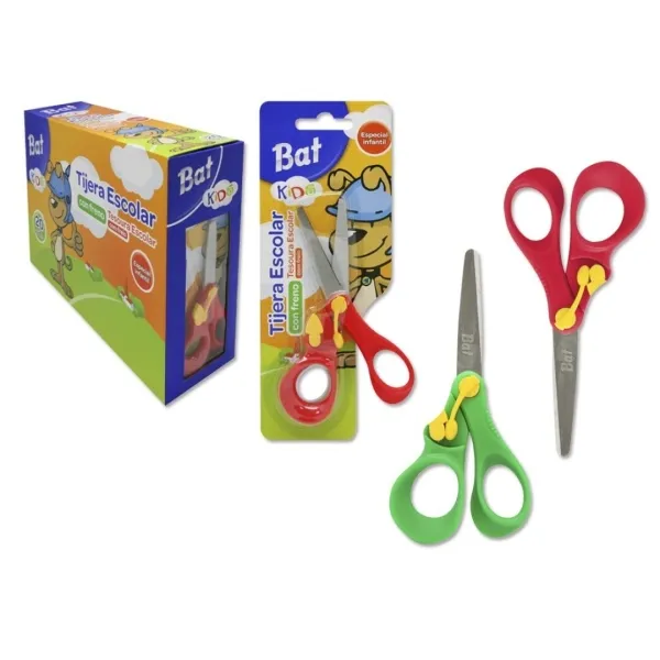 Forbici da scuola Bismark Bat da 13 cm con freno di qualità - Manici in plastica - Punta smussata - 2 colori assortiti - immagine 1