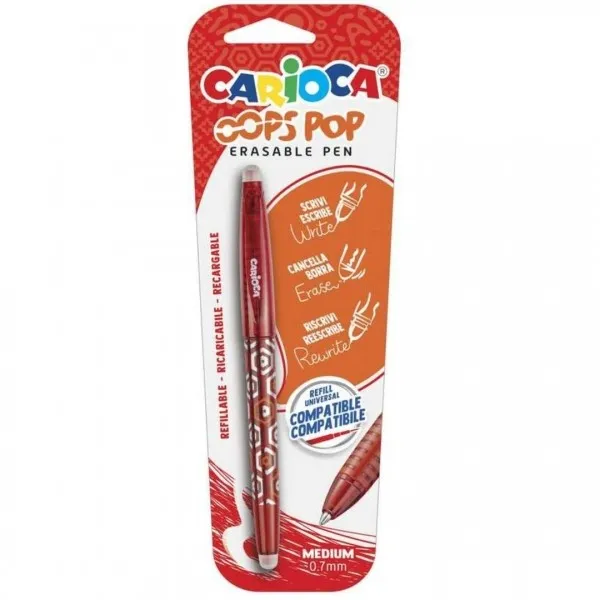 Penna cancellabile Carioca Oops - Inchiostro termosensibile - Impugnatura testurizzata - Punta da 07 mm - Doppia gomma - Ricariche compatibili - Colore rosso - immagine 1