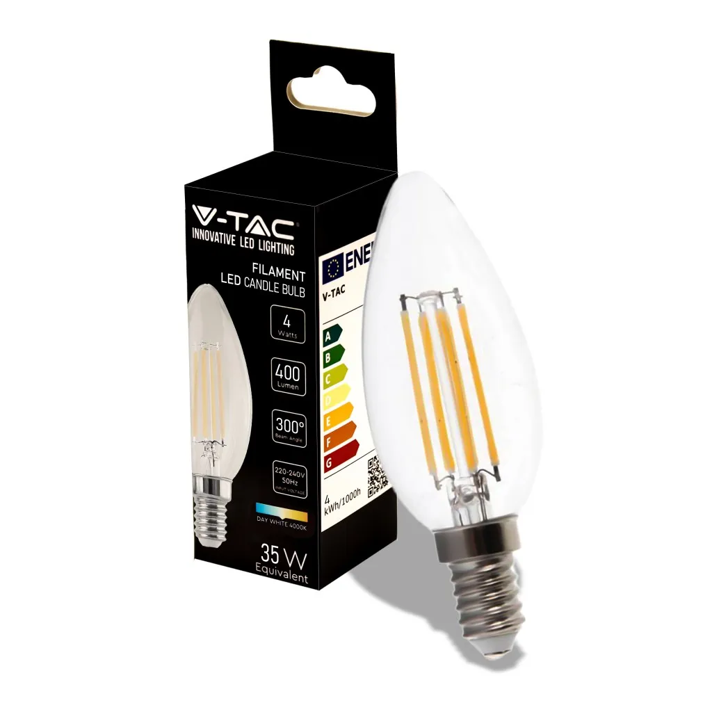 V-TAC Lampadina LED E14 4W Candela Filamento 4000K - immagine 1