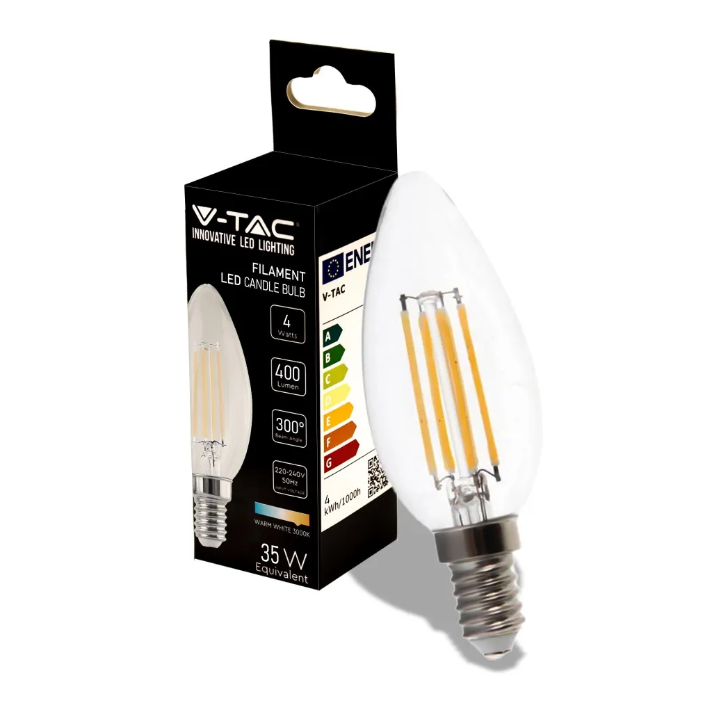 V-TAC Lampadina LED E14 4W 100LM/W Candela Filamento 3000K - immagine 1