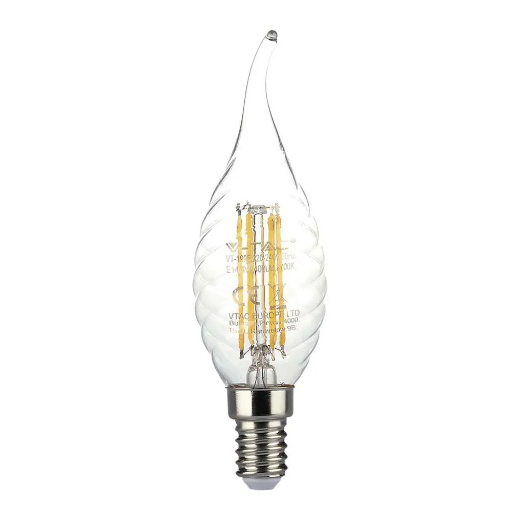 V-TAC Lampadina LED E14 4W 100LM/W Candela a Fiamma Tortiglione Filamento 3000K - immagine 1