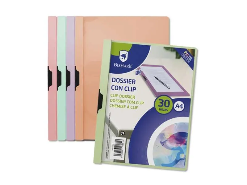 Dossier Bismark con clip A4 - Capacità 30 fogli - Polipropilene trasparente - Clip laterale in metallo - Colori pastello assortiti - immagine 1
