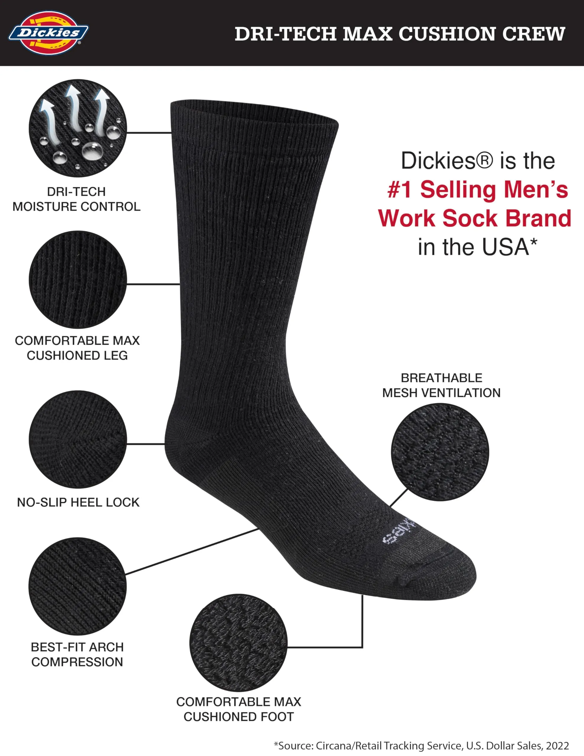 Dickies - Calzini da uomo Dri-tech Moisture Control Max Full Cushion Crew, disponibili in M-XL (37, 12 paia), Large - immagine 4