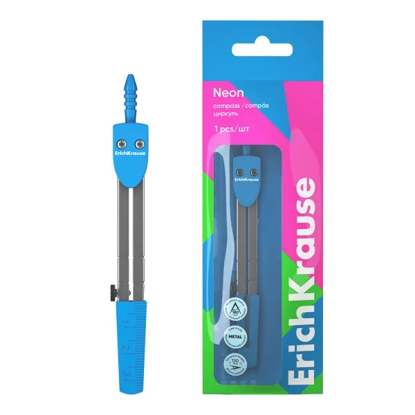 Compasso scolastico ErichKrause Neon - Corpo in metallo - Lunghezza 120 mm - Raggio massimo 180 mm - Sacchetto in polietilene - Blu - immagine 1