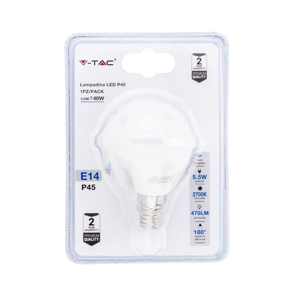 V-TAC Lampadina LED E14 55W P45 2700K (Blister 1 Pezzo) - immagine 1