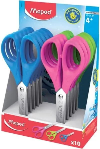 Forbici scolastiche Maped Essentials per mancini con punta arrotondata 13 cm - Lame in acciaio inossidabile - Manico simmetrico in plastica - Colori assortiti - 1 pezzo - immagine 1